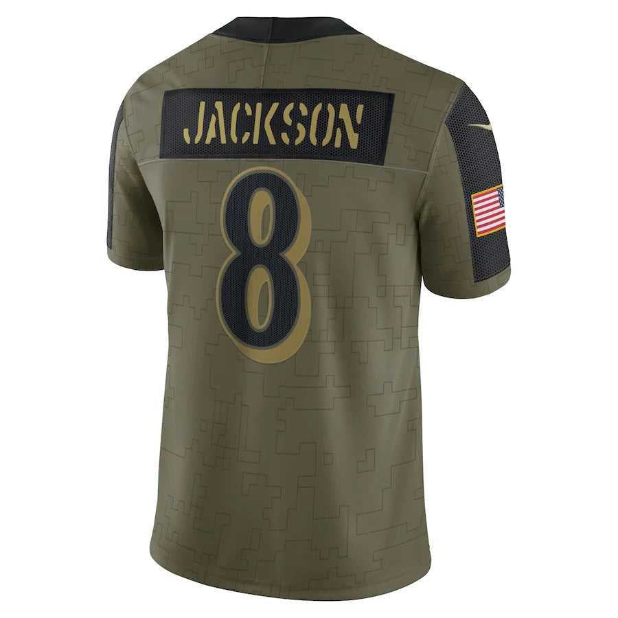 Men's Baltimore Ravens Lamar Jackson Nike Olive 2021 Salute To Service Limited Player Jersey